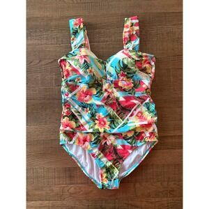 Jantzen Womens Tropical Floral One Piece Swimsuit Blue Pink Size 12 JZSS9761